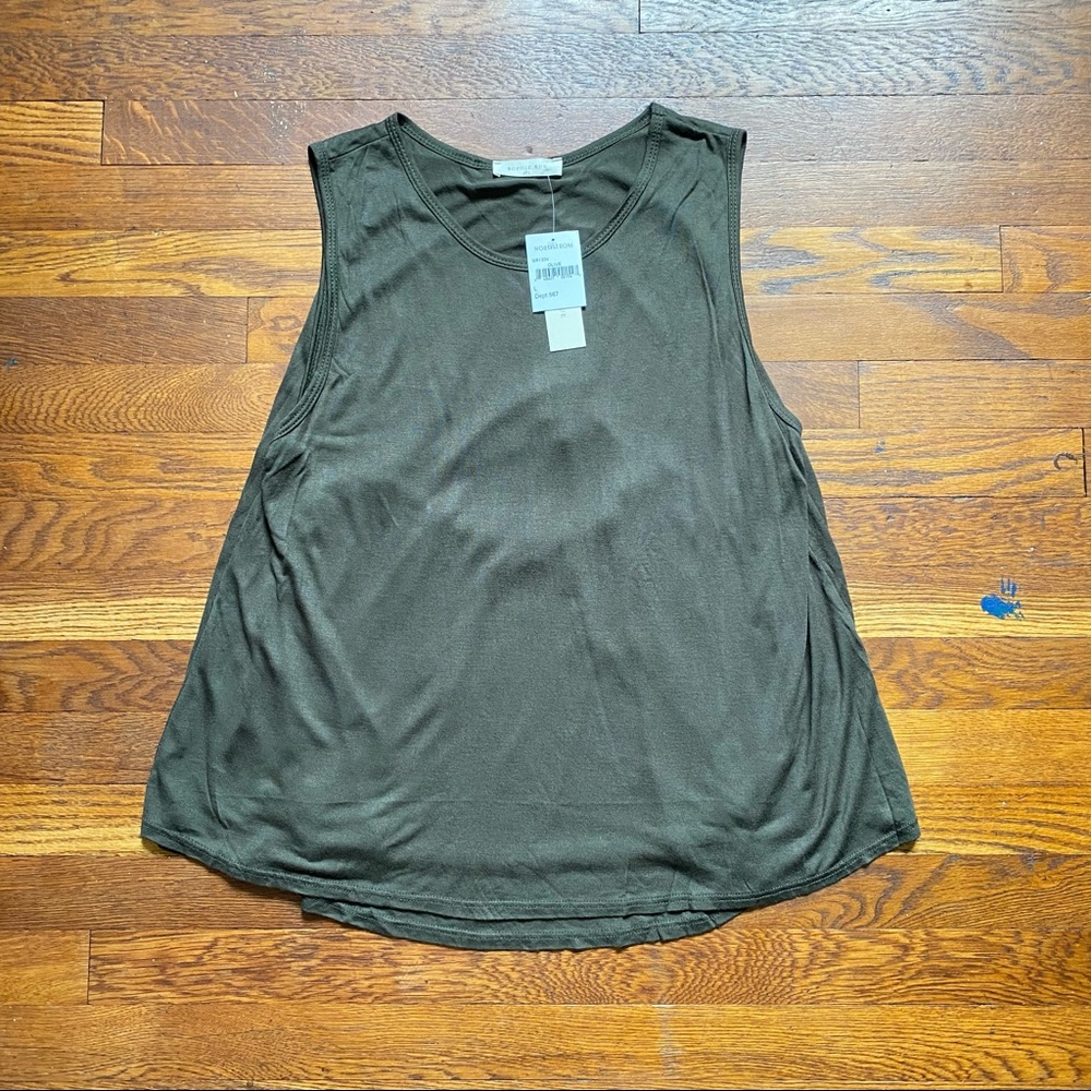 Sophie Rue olive green jersey knit open back sleeveless shirt size Large